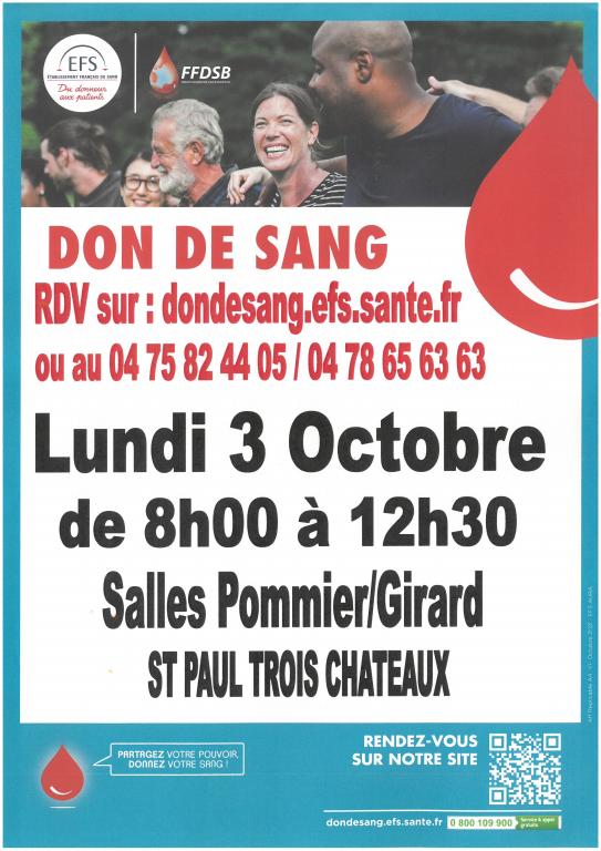 DON DE SANG - ST PAUL 3 CHATEAUX - LUNDI 3 OCTOBRE 2022
